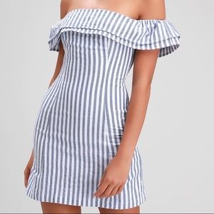 Blue Striped Off-the-Shoulder Mini Dress
